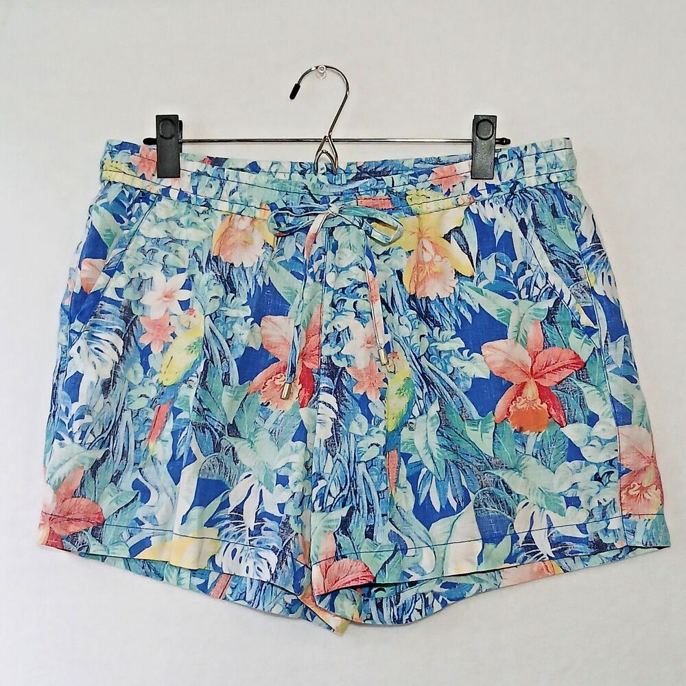 Tommy Bahama Shorts Womens M Blue Tropical Floral 100% Linen Pull On Beach 946